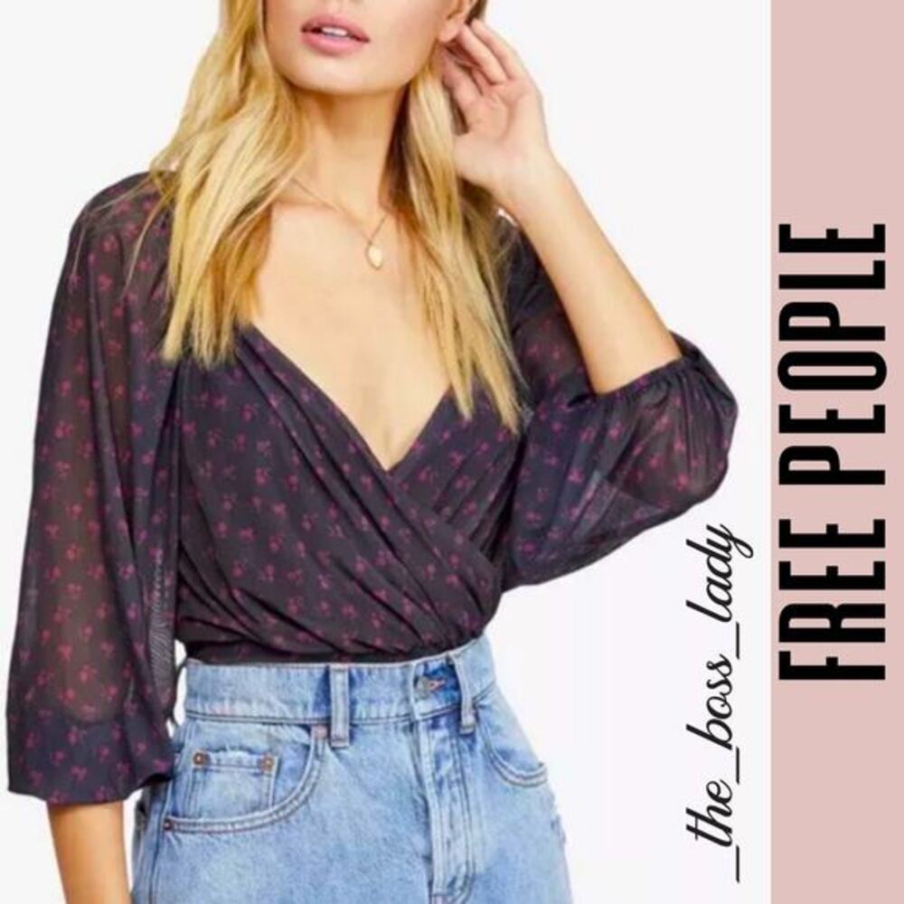 Free People crop top surplice floral blouse boho chiffon XS